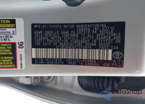 2015 Toyota Corolla Le из США, поврежденный, VIN 2T1BURHE6FC379974